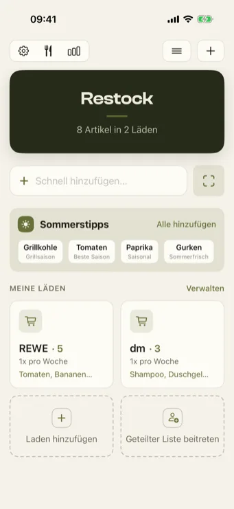 Restock Startseite mit Läden und Quick-Add
