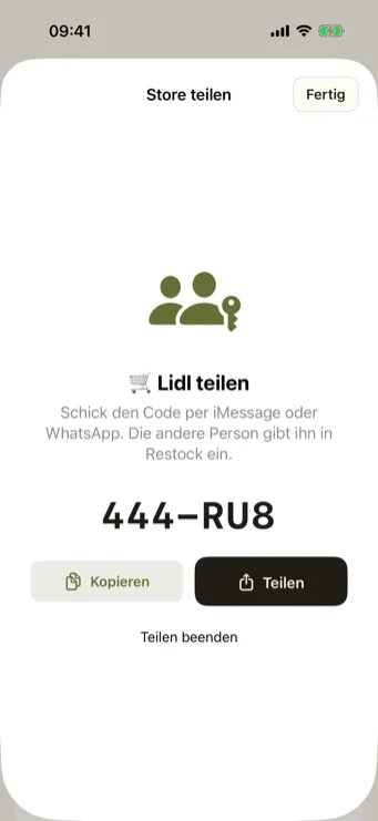 Restock Liste teilen per generiertem Code, ohne Nutzerkonto