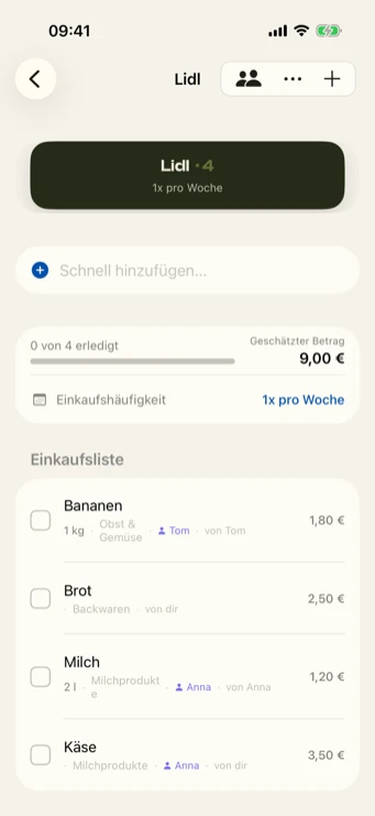 Restock Einkaufsliste mit Produkten, die einzelnen Personen (Anna, Tom) zugewiesen sind