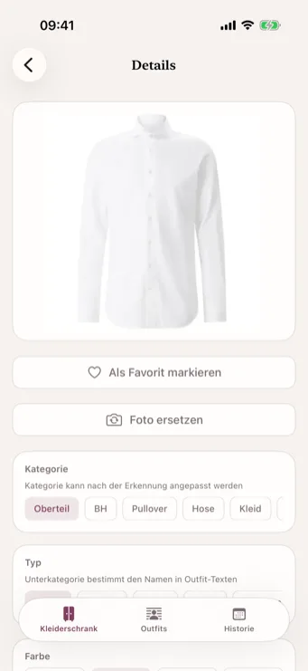 Dresslyst Detailansicht eines T-Shirts mit Kategorien