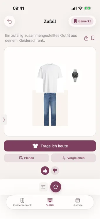 Dresslyst Outfit-Vorschlag mit Daumen-hoch- und Daumen-runter-Buttons für Feedback