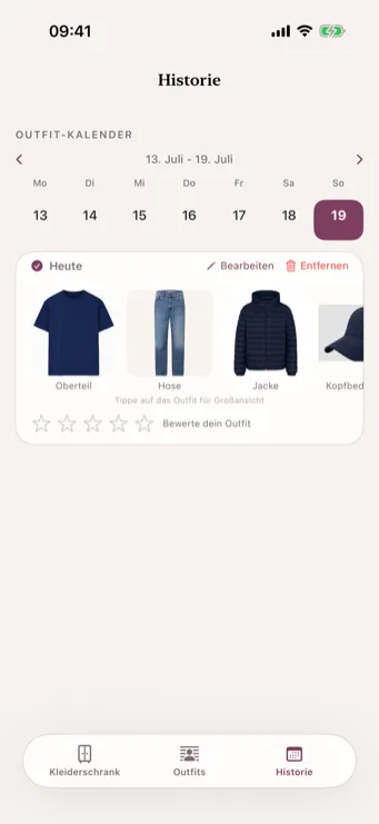 Dresslyst Historie mit Outfit-Kalender und getragenen Kleidungsstücken