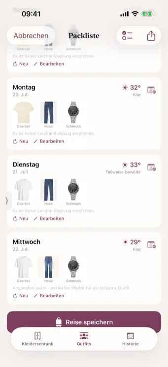 Dresslyst Packliste für eine geplante Reise nach Barcelona