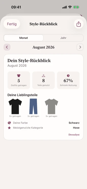 Dresslyst Style-Rückblick für August 2026 mit getragenen Outfits, Lieblingsteilen und meistgenutzter Farbe
