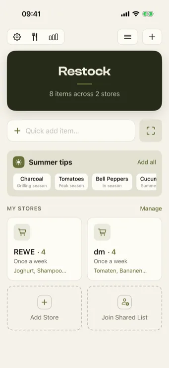 Restock home screen with stores and quick-add