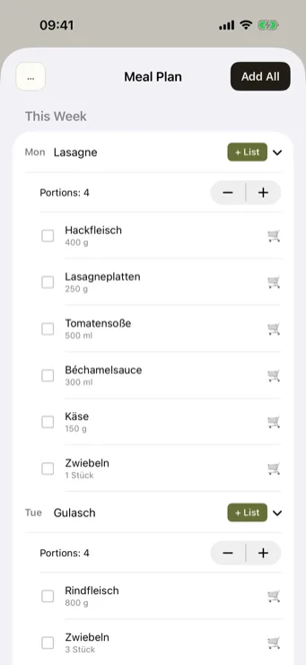 Restock meal plan with planned days (lasagna, goulash) and automatically recognized ingredients