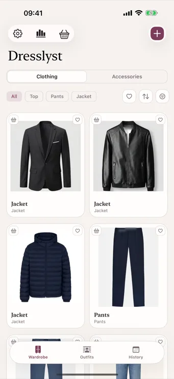 Dresslyst wardrobe overview with background-removed clothing items