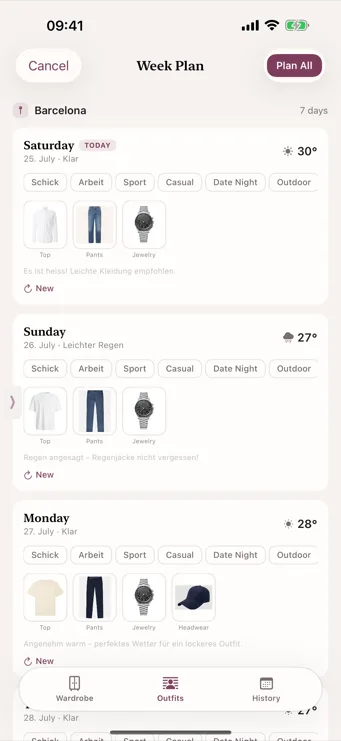 Dresslyst week plan with pre-planned outfits for 7 days